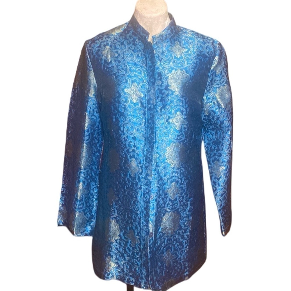 VTG Peacock Blue W/Gold Floral Threading Asian Jacket long Blazer Size Sz L